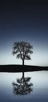 Solitary tree reflecting on calm water beneath a serene night sky.