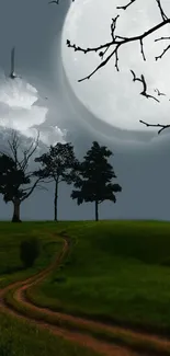 Moonlit night with trees and a path in a serene landscape.