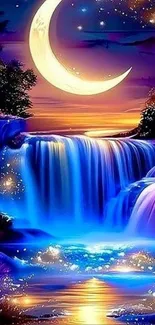 Blue waterfall under a crescent moon with starry sky at night.