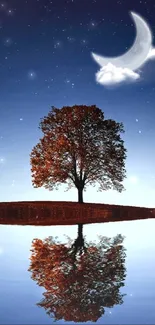 Serene nightscape with a moonlit tree reflecting in calm waters.