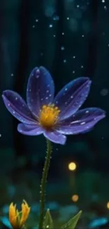 Purple flower illuminated in the rain at night.