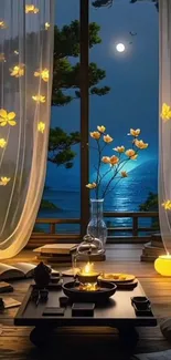 Peaceful room with moonlit ocean view.
