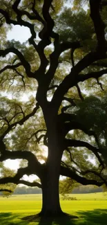 Majestic silhouette of an oak tree in a tranquil field at sunset.