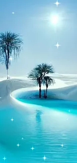 Serene desert oasis with blue water under bright sun.