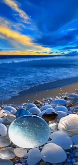 Tranquil beach scene with blue sky and pebbles.