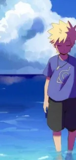 Anime character walking in serene blue ocean with a clear sky.