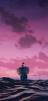 Ship sailing on calm ocean under pink sunset clouds.