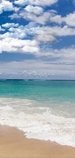 Serene ocean beach with blue sky and waves in mobile wallpaper.