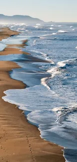 Serene ocean beach with waves and sandy shore in morning light.