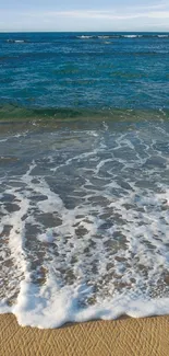 Serene beach with gentle ocean waves and sandy shore.