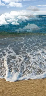 Serene ocean beach with waves and seashells on sandy shore.