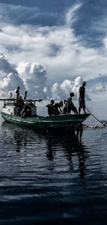 Serene boat scene on a blue ocean under cloudy sky.