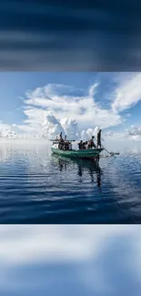 Serene boat on calm blue ocean under a vivid sky, capturing nautical beauty.