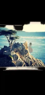 Lone tree on cliff overlooking serene ocean with blue sky.