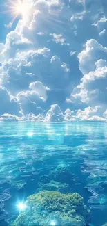 Serene ocean with clouds against a blue sky.