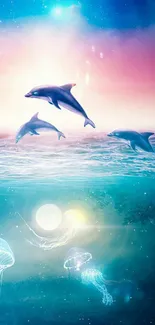 Dolphins and jellyfish in a vibrant ocean scene with sunset.