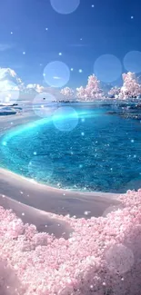 Scenic ocean view with pink flowers and tranquil waters.