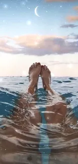 Feet in tranquil ocean under crescent moon and serene evening sky.