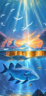 Ocean fantasy art wallpaper with vibrant marine life and mystical sunlight.