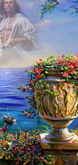 Fantasy landscape with ocean, flowers, and a floating figure.