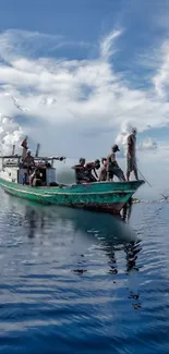 Fishermen on a boat in calm blue waters with a cloud-filled sky.