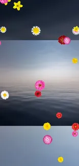 Mobile wallpaper of an ocean scene with colorful floating flowers.