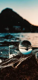 Ocean scene with a glass sphere reflecting the sunset and mountain.