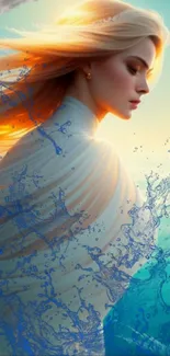 Serene goddess with flowing hair and ocean waves in artistic mobile wallpaper.