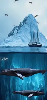 Iceberg with sailboat and whales underwater, serene scene.