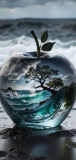 Ocean scene inside glass apple with tree and waves.