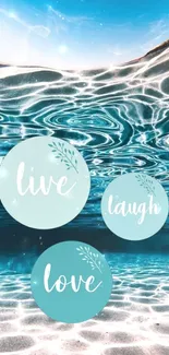 Inspirational teal ocean wallpaper with 'live, laugh, love' message.