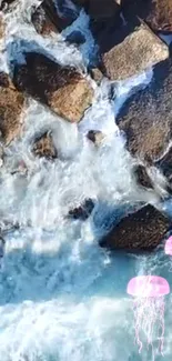 Serene ocean scene with pink jellyfish and rocks.