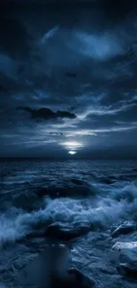 Night ocean with dark clouds and serene waves.