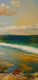 Impressionistic painting of an ocean with waves and a vibrant, colorful sky.