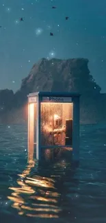 Phone booth in ocean at twilight with island and dark blue sky.