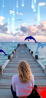 Peaceful pier with dolphins and a starry sky.