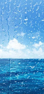 Mobile wallpaper with ocean view and raindrops on a blue sky.