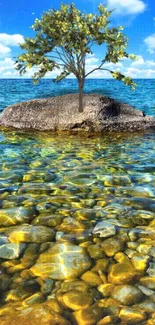 Lone tree on rock in clear ocean water.