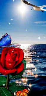 Red rose and butterfly by serene ocean with seagull flying at horizon.