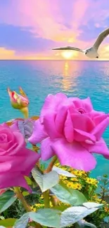 Vibrant pink roses against a serene ocean backdrop with a sunset sky.