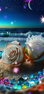 White roses on beach with starry night sky and ocean waves.