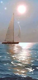 Sailboat gliding over sunlit ocean, tranquil wallpaper.