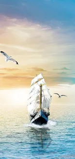 Majestic ship sails at sea under a vibrant sky with seagulls.