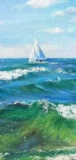 Sailboat on blue and green ocean waves.