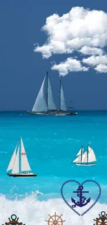 Peaceful ocean with sailboats and fluffy clouds under a blue sky.