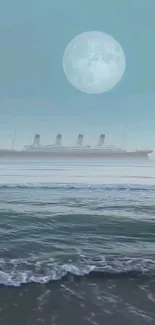 A ship under a full moon with calm ocean waves at dusk.