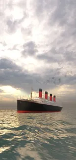 Steamship on a calm ocean with cloudy sky background.