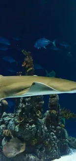 Majestic stingray glides over coral reef in serene ocean scene.