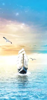 Serene ocean scene with sailboat at sunrise and flying seagulls.