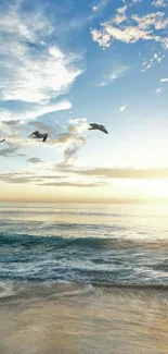 Serene ocean sunrise with birds flying over waves and a vibrant sky.